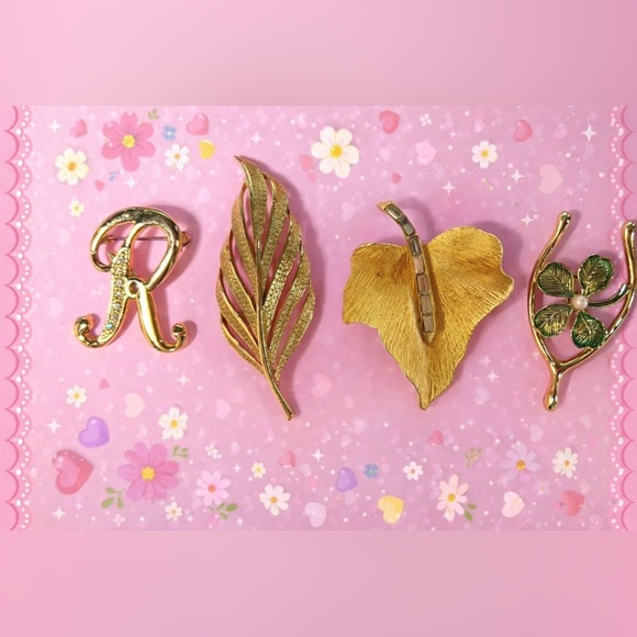 Jewelry - 028 Vintage Gold Tone Brooch Lot – Leaf, Floral, Rhinestone & Abstract Designs
